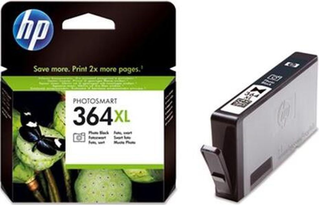 A product shot of an HP Photosmart 364XL ink cartridge and its packaging.
