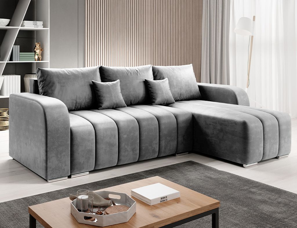 Easy4You Ecksofa Pufetto Grau L-Form – 245x86x147 cm - Schlafsofa mit Bettkasten und Schlaffunktion - Eckcouch mit Stauraum – Stoff Manila 16