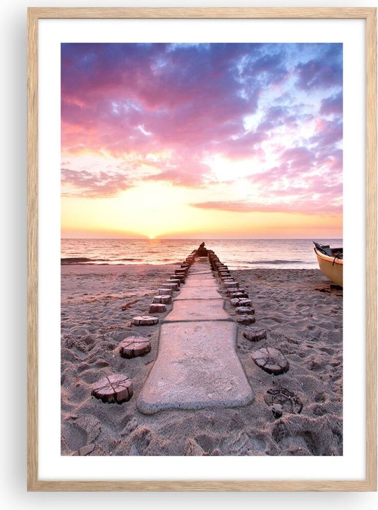 Gerahmtes Poster - Rahmen in heller Eiche - Boot Strand Himmel - 50x70 cm - Wand Bild - Wanddeko - Wandbilder - Kunstposter - Wandposter - Bilderra...