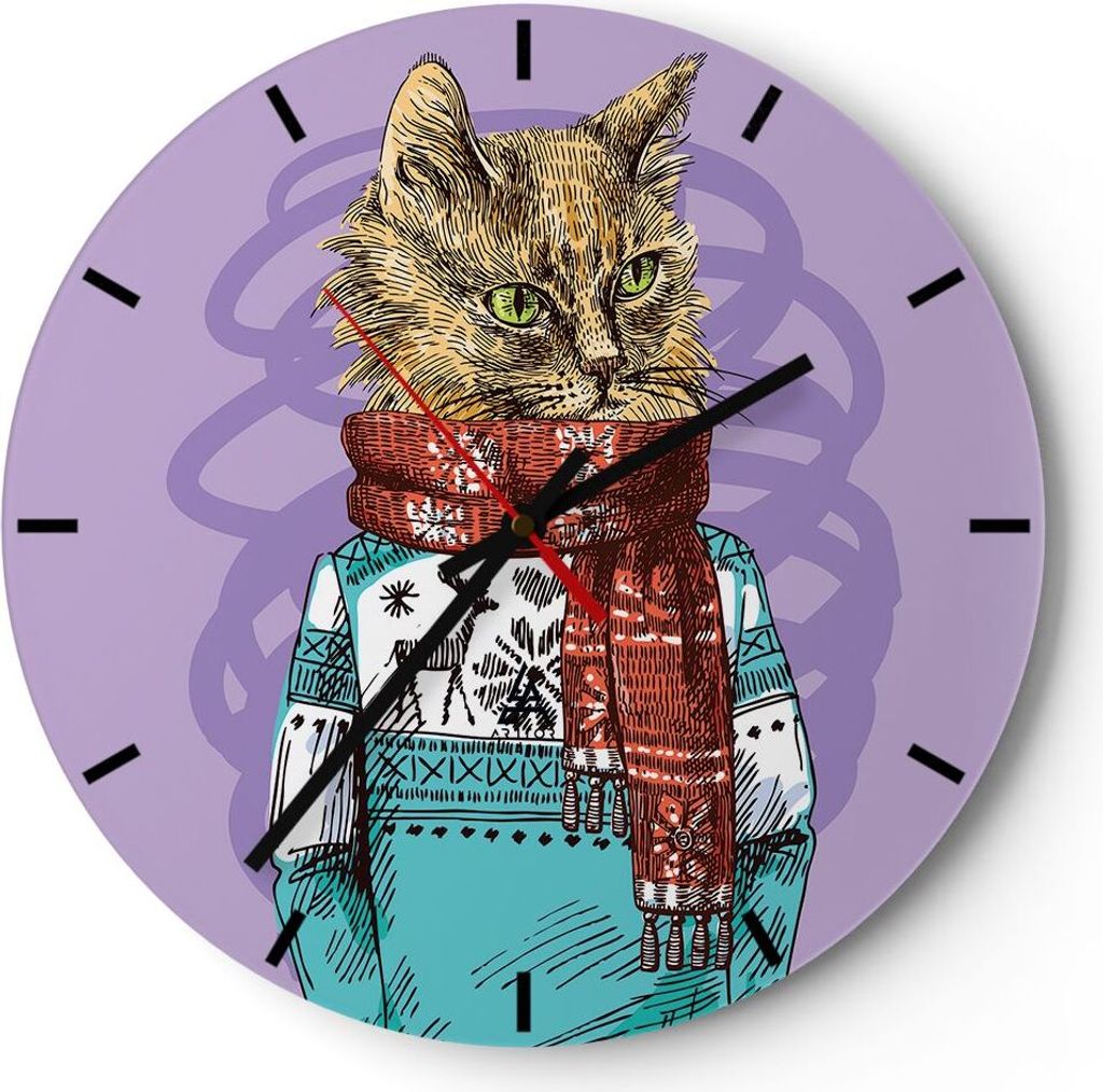 Wanduhr - Rund - Glasuhr - Katze Schal Illustration hipster - 30x30cm - Schleichendes Uhrwerk - Lautlos - zum Aufhängen bereit - Dekoration Modern...