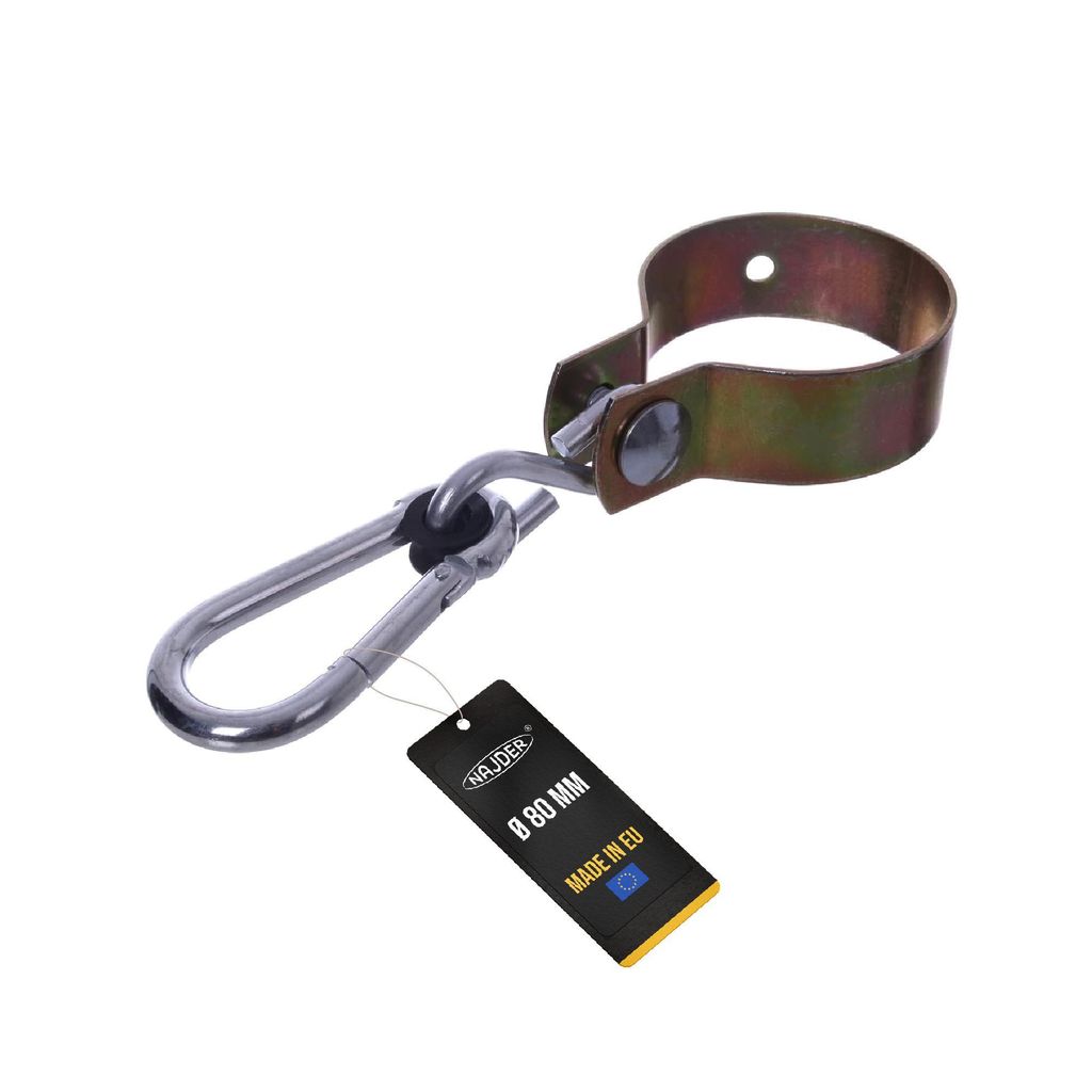 NAJDER Manschettenhaken Ø80 mm mit Karabinerhaken 10 mm und Klemme mm Schwenkhaken Schaukelhaken Haken Gelb verzinkt Rundklemme Schaukelbefestigun...