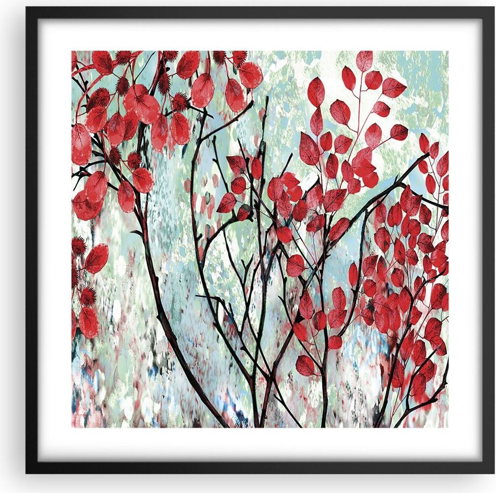 Gerahmtes Poster - Schwarzer Rahmen - Rot Blätter Zweige - 50x50 cm - Wand Bild - Wanddeko - Wandbilder - Kunstposter - Wandposter - Bilderrahmen ...