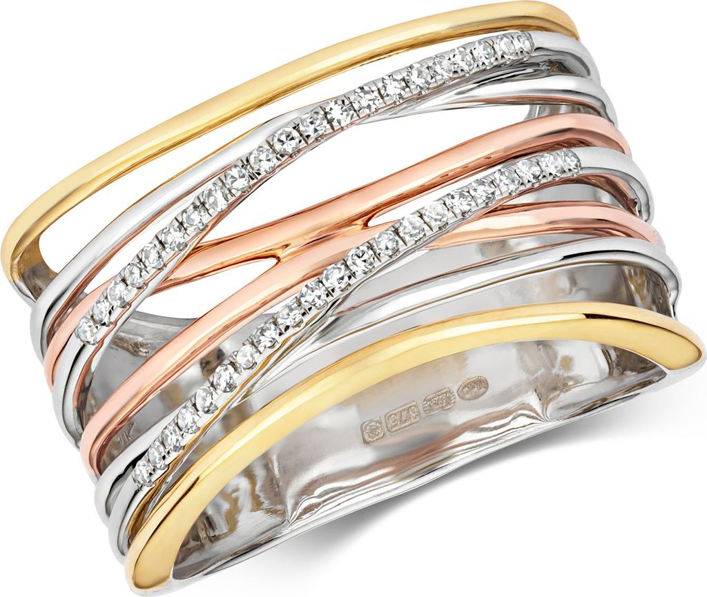 Funkelndes Feuer Stylischer 9 Karat (375) Tricolor Gold Damen - Diamant Ring Brillant-Schliff 0.12 Karat H - I1, 51 (16.2); TRS27990RSL