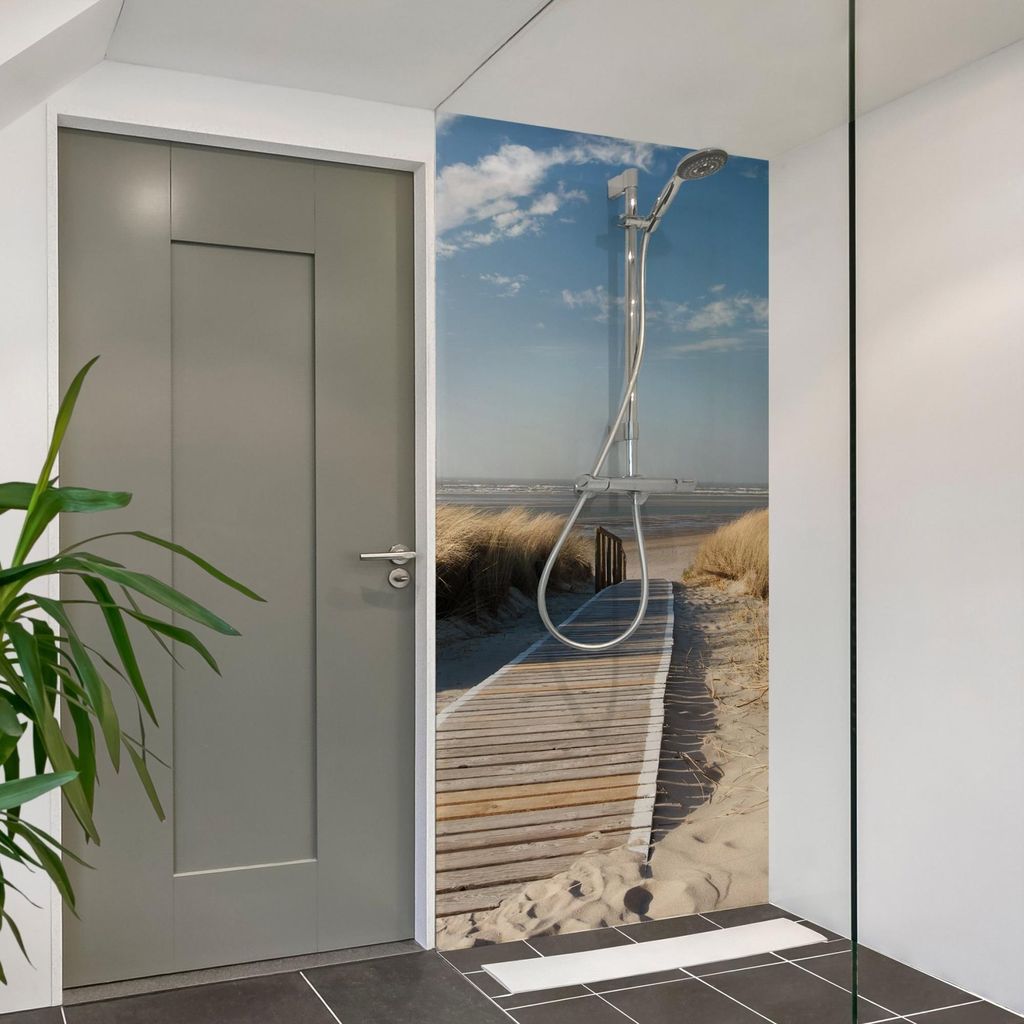 Duschrückwand Strand selbstklebend - 0.61 mm Wandpaneel wasserfest Düne beige Motiv Badrückwand fugenlos Premium matt 110x210 cm