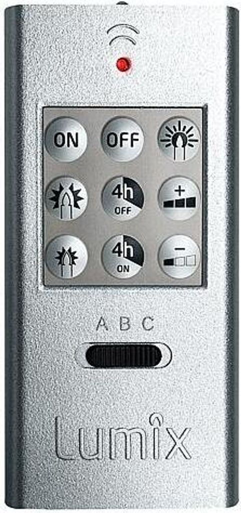A silver Lumix remote control with various buttons and icons.