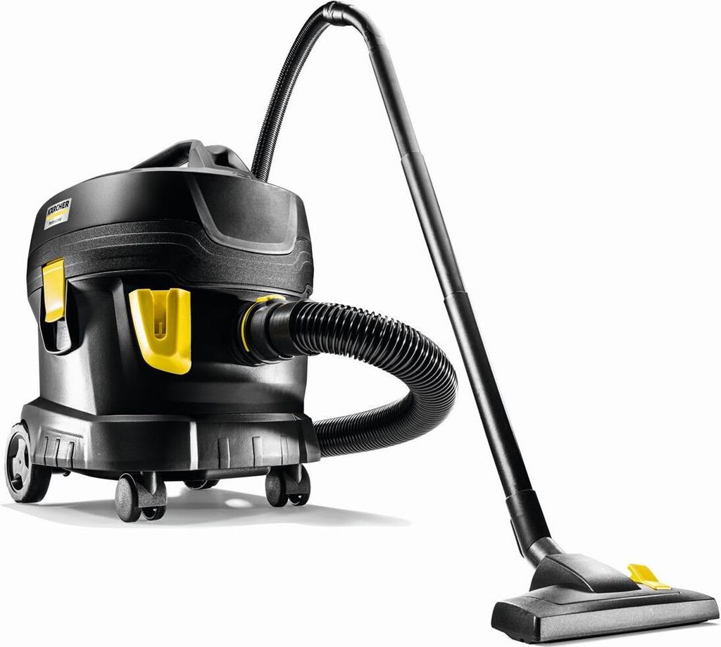 A black and yellow Kärcher wet/dry vacuum cleaner with a hose and wand is shown against a white background.