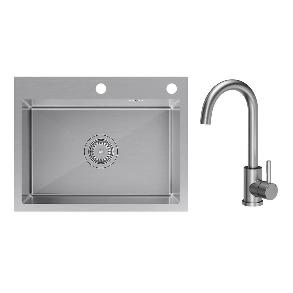 VBChome Spülbecken 58 x 45 x 20 cm Gebürsteter Edelstahl mit Hochwertiger Armatur Inox – Zeitloses Design für Jede Küche