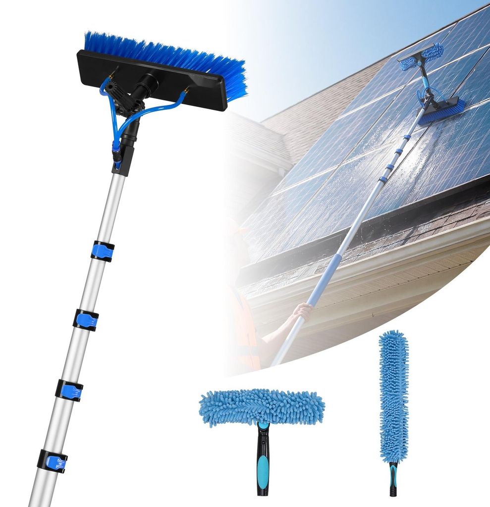 Teleskop-Waschbürste für Solarmodule & Solarpanel - Photovoltaik-Reiniger - Alu-Teleskopstange 1,8–7,9 m - Wasserschlauch 20 m - Schwenkkopf 18...