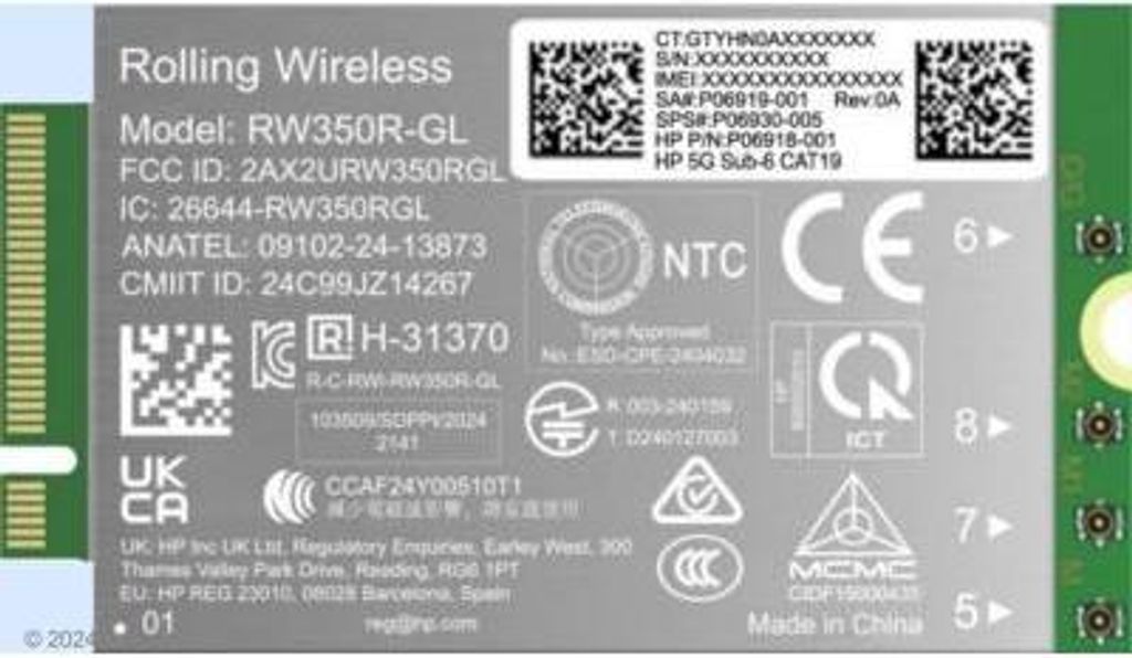 HP 5G Sub-6 WWAN, China, Business, -20 - 65 °C, -40 - 85 °C, Windows 10, Windows 11, 52 mm