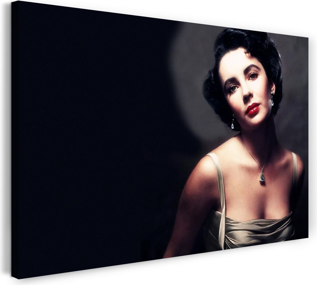 Leinwandbild (120x80cm): Elizabeth Liz Taylor jung in Farbe silbernes Kleid Halskette, echter Holz-Keilrahmen inkl. Aufhänger, handgefertigt in De...