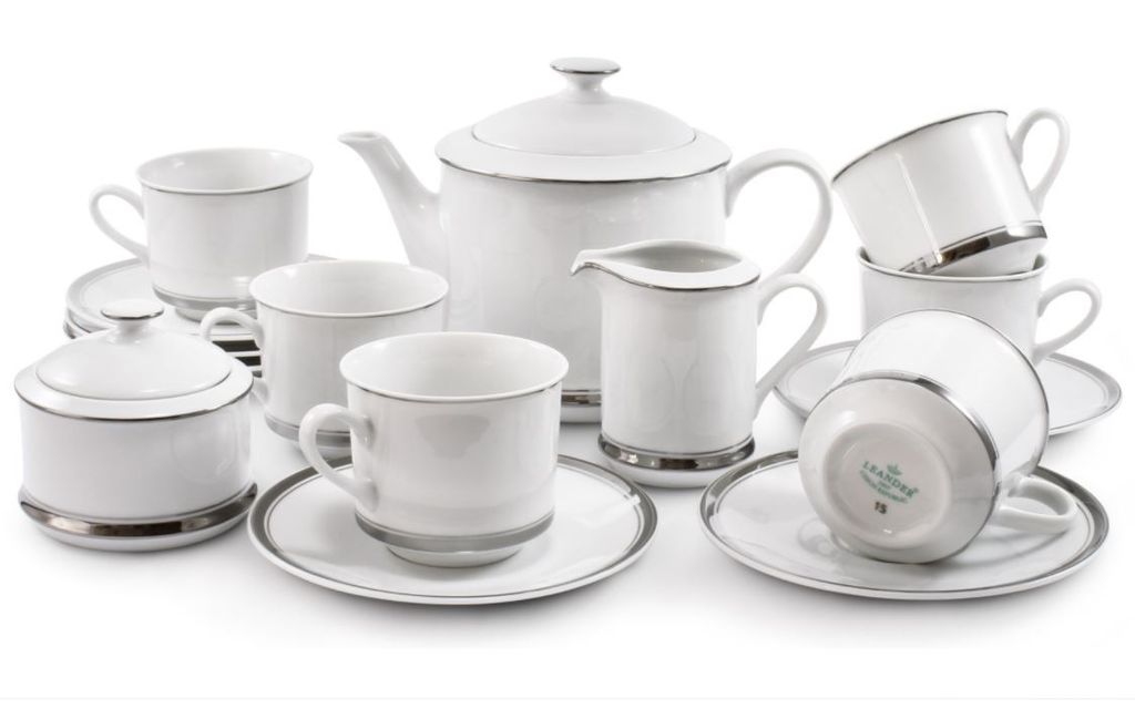 Teeservice, Leander Loučky Porzellan aus Karlovy Vary, Sabina - Platinstreifen, 15 Stück