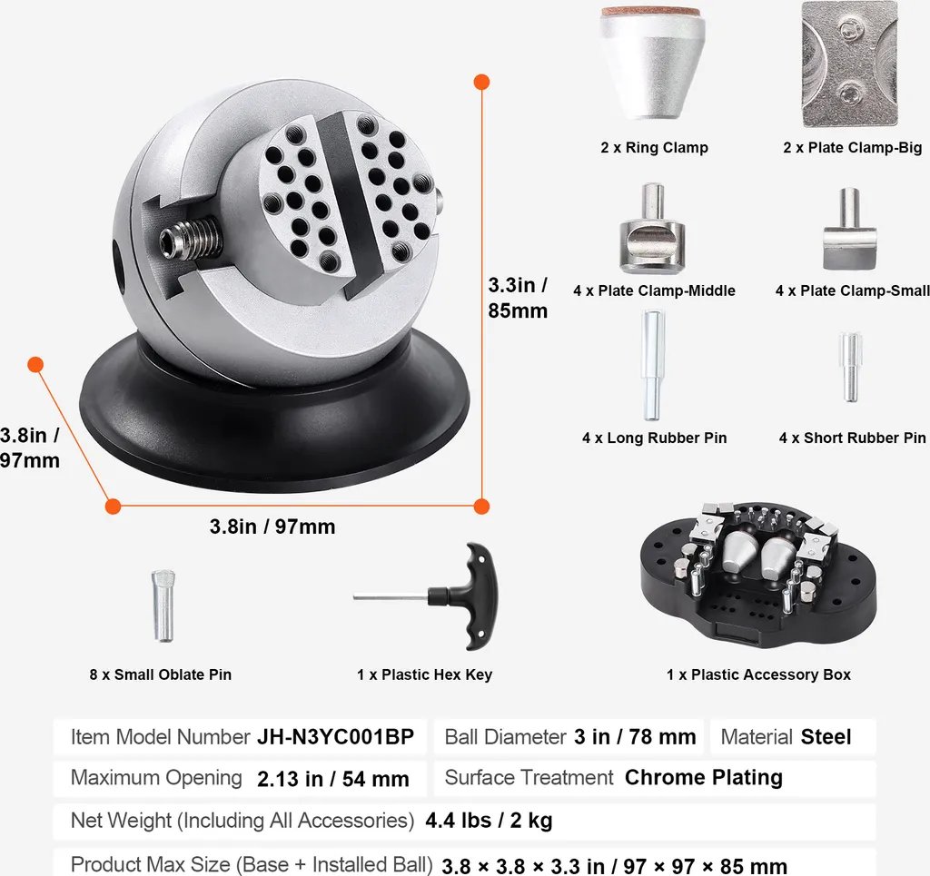 SucceBuy Ball Vise: strumento di incisione da 3" con rotazione a 360°. 30 attacchi PCS per lavori di intarsio di pietre preziose e piccole incisioni. Blocco standard per incisioni professionali di gioiellieri - 3