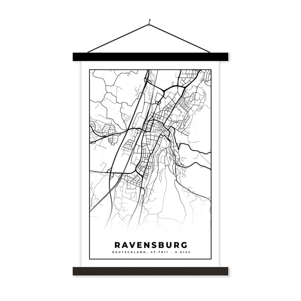 MuchoWow Textilposter Karte - Karte - Revensburg - Stadtplan 40x60 cm mit schwarzem Rahmen - Wanddekorationen