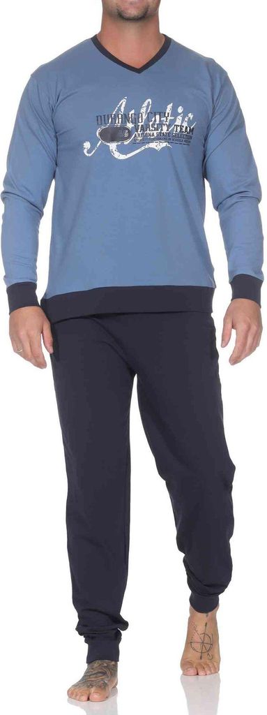 Normann Herren langarm Schlafanzug mit Bündchen Pyjama mit Frontprint in toller Optik ; hellblau , 50