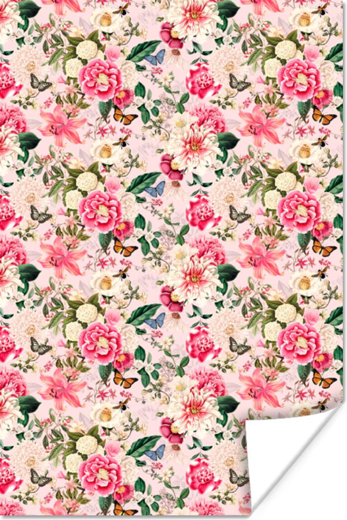 MuchoWow Poster Blumen - Rosa - Muster 60x90 cm - Wanddekoration