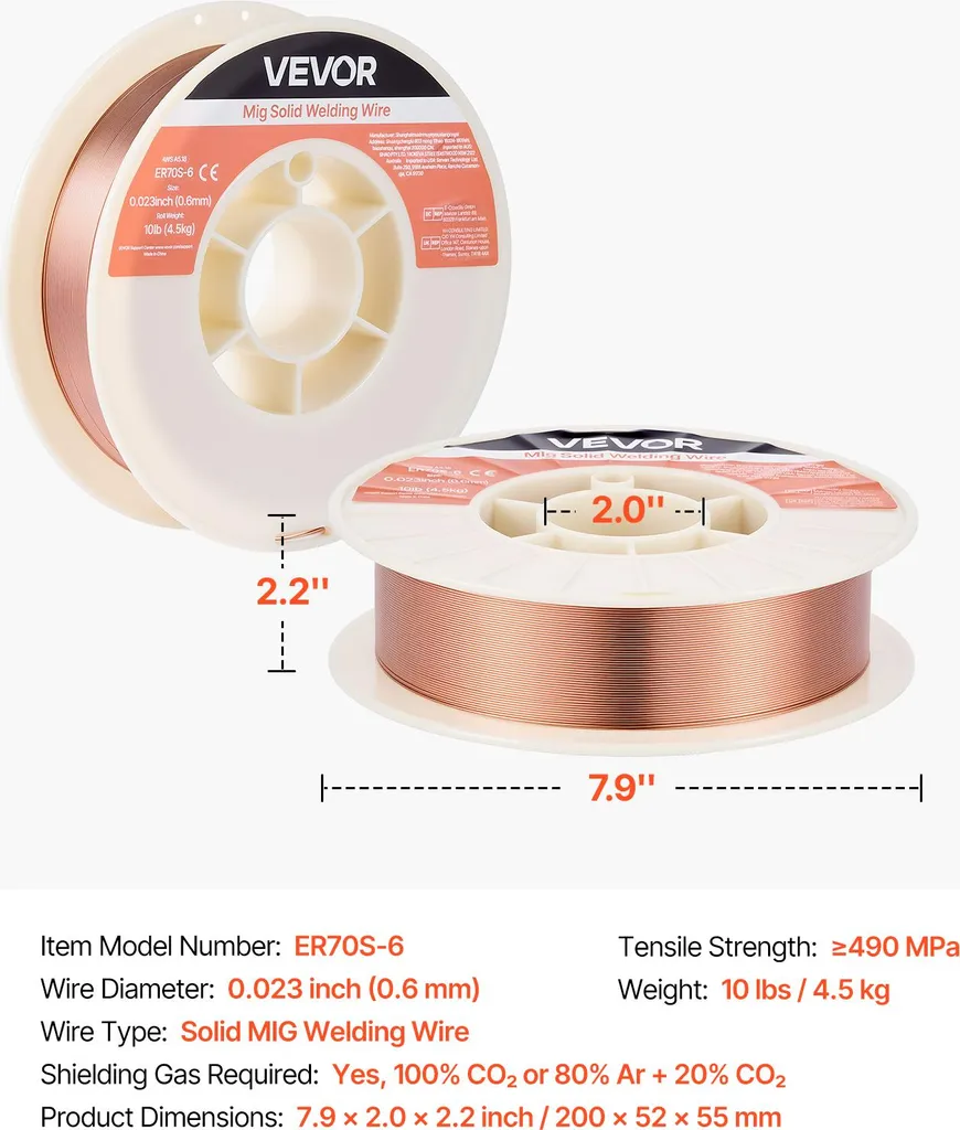 VEVOR Filo per saldatura MIG 0,6 mm, filo per saldatura massiccio ER70S-6, bobina da 4,5 kg, filo con gas di protezione ad alto contenuto di disossidante per la saldatura con gas di protezione in tutte le posizioni di saldatura. - 7
