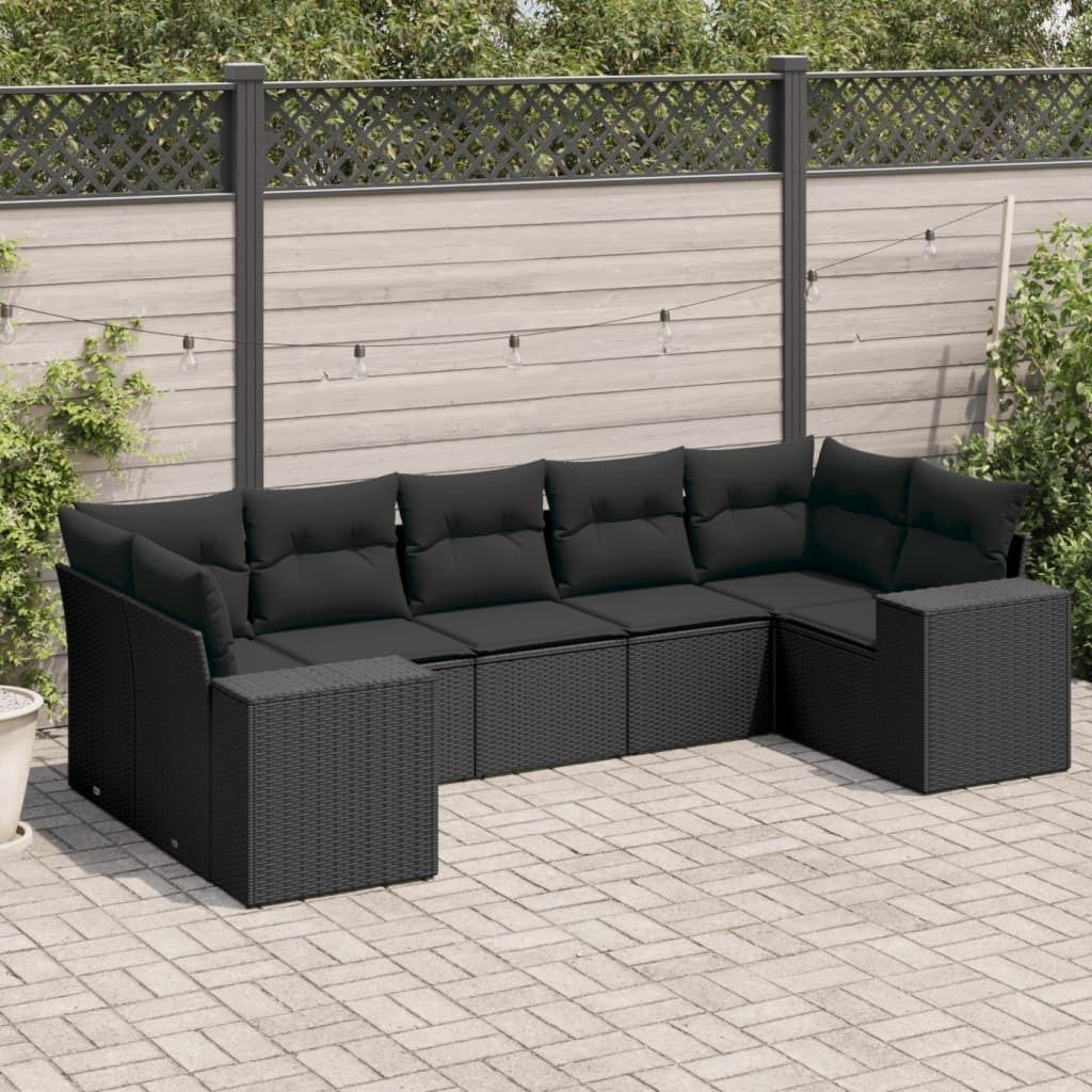 Design 7-tlg. Garten-Sofagarnitur mit Kissen Schwarz Poly Rattan, Gartenmöbel-Sets 2024 Neu
