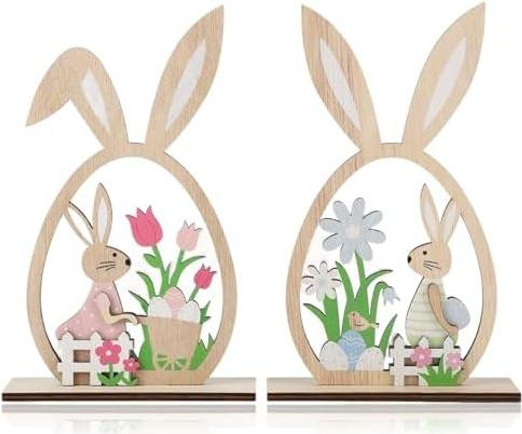 2er Set Ostern Deko Osterhase Deko aus Holz, Osterhase Holz Aufsteller eiförmig zum Hinstellen, Frühlingsdeko Ostern für Tisch & Fensterbank