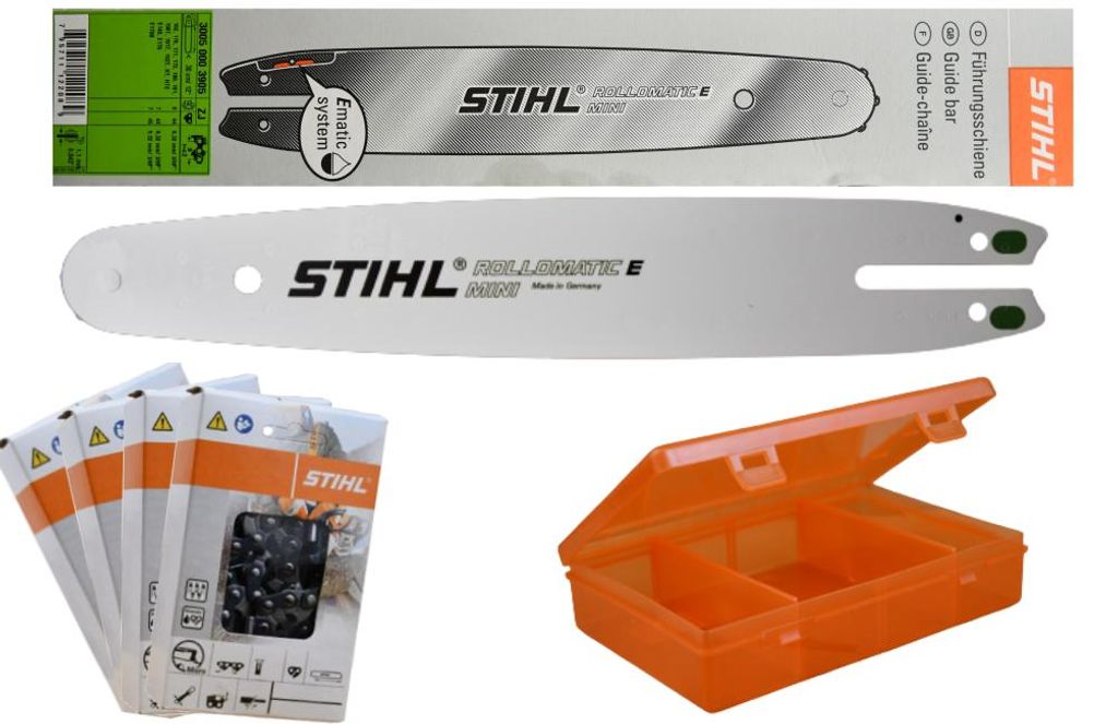 Stihl Rollomatic E Mini Führungsschiene 30050003905 30cm Stihl MS 170 / 171 / 180 / 181 / 192 / 193 +4xStihl Ketten 36100000044 +Stihl Box 5900