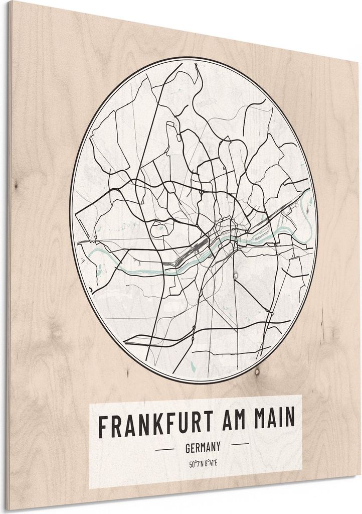 DEQORI Holzbild 50x50 cm 'Stadtplan Frankfurt' Bild auf Holz Wandbild Kunstdruck