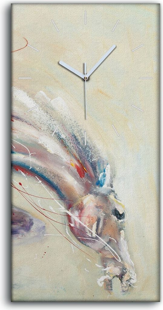 Wanduhr Uhr Wandbild Leinwand Geräuschlos 30x60 Pferd Galopp rennen Sport Jockey - weiße Hände