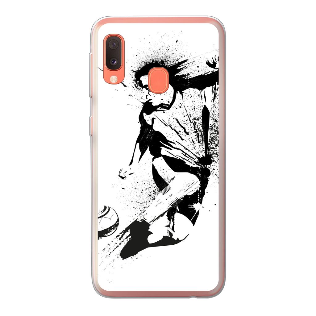 MuchoWow Handyhülle Schutzhülle Hülle für Samsung Galaxy A20e Eine Illustration einer Person, die einen Fußball in Richtung Tor schießt - J...