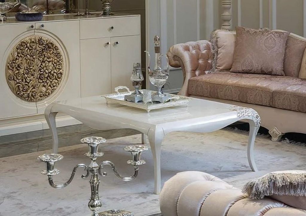 Casa Padrino Luxus Barock Couchtisch Weiß / Beige 128 x 94 x H. 45 cm - Eleganter Massivholz Wohnzimmertisch im Barockstil - Barock Möbel
