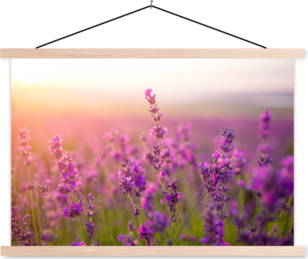 MuchoWow Textilposter Lavendel - Frühling - Lila 120x80 cm mit holzfarbenen Rahmen - Aufhängeset