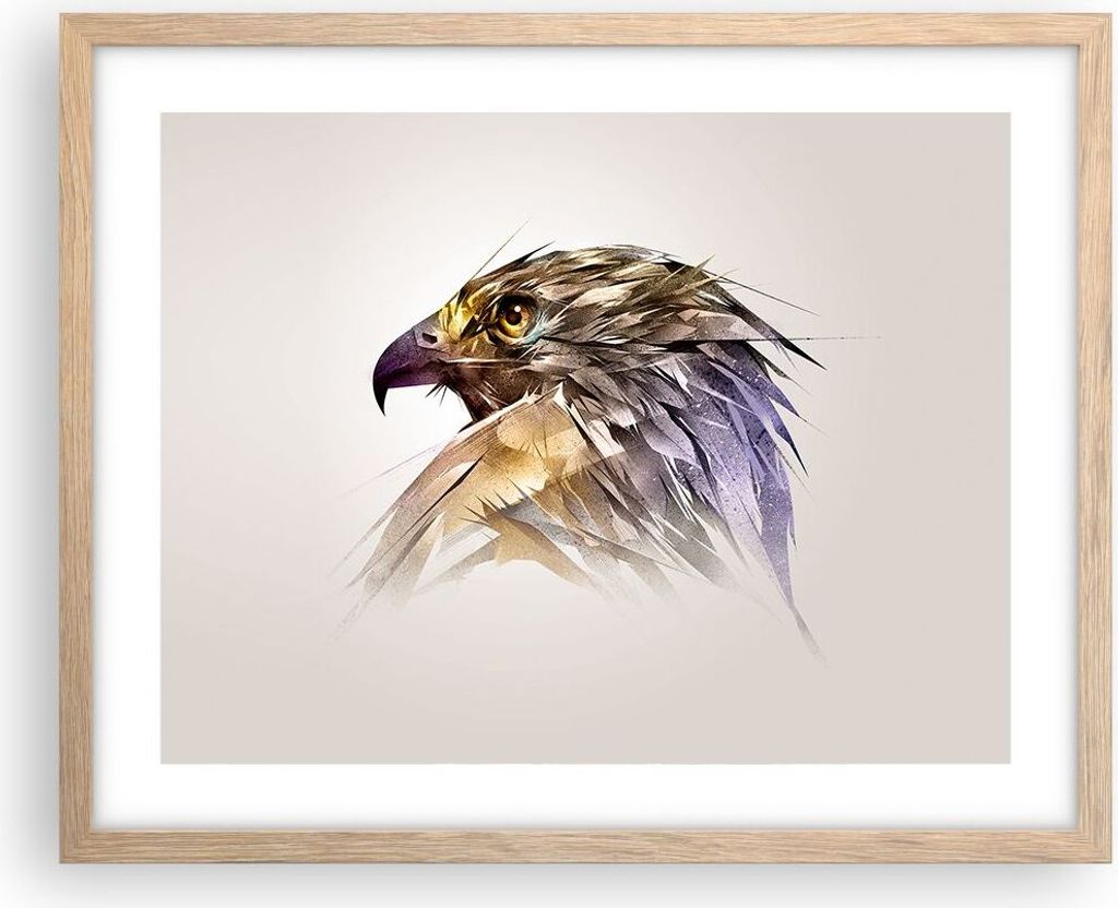 Gerahmtes Poster - Rahmen in heller Eiche - Adler Vogel Feder - 50x40 cm - Wand Bild - Wanddeko - Wandbilder - Wandposter - Bilderrahmen - Bilder -...