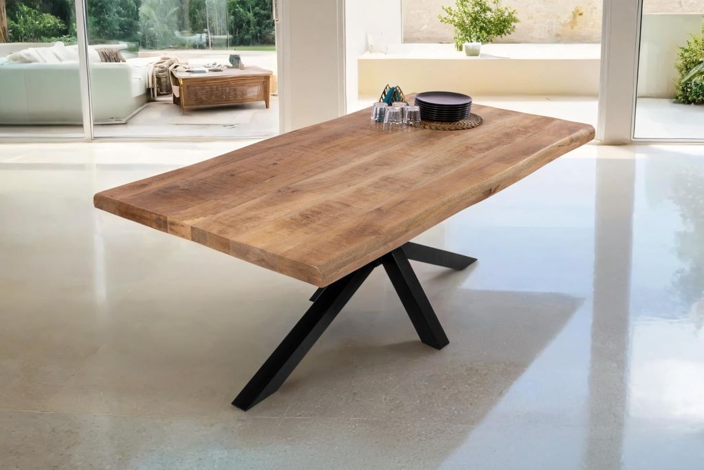 Esstisch Cali | 200 x 100 cm | Mangoholz | Farbe: Natur/rau | Spider-Gestell Metall Schwarz | Massivholz mit echter Baumkante | pflegeleichter Baum...