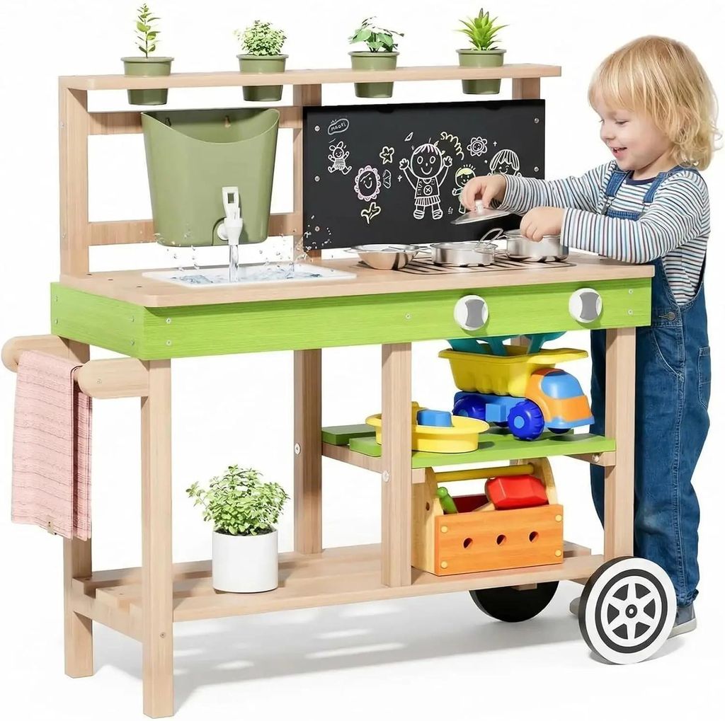 Outdoor Matschküche für Kinder - Holz-Spielküche - 88x33x85 cm - Rollen - Funktionierender Wasserhahn - Pflanzkästen - Kreidetafel - Regale & Z...