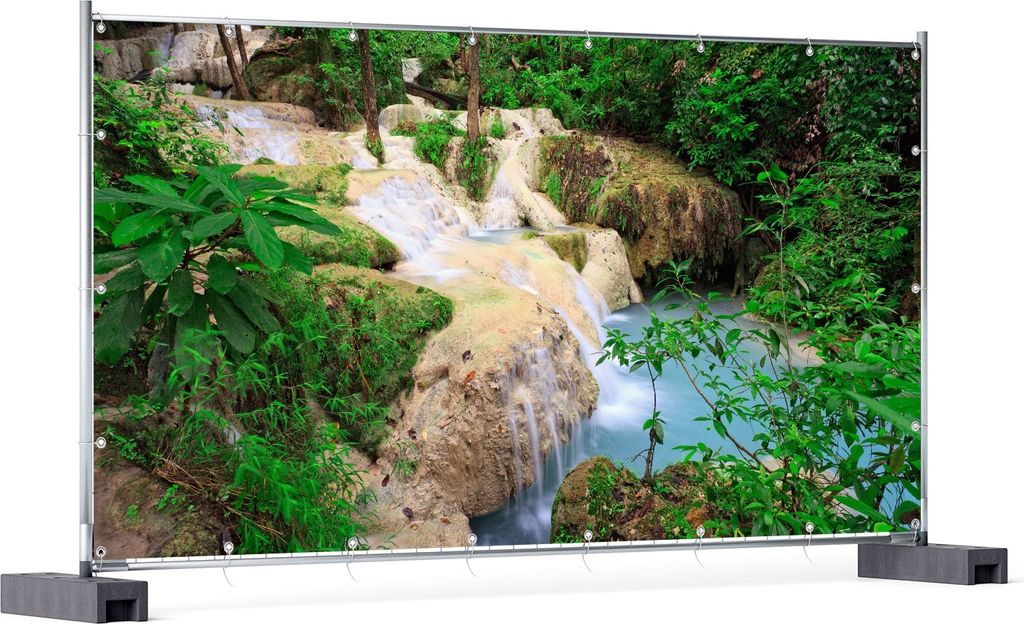 Wallario XXL Outdoor-Poster für Garten oder Balkon, Motiv Verborgener Wasserfall in einem tropischen Wald, in ca. 340 x 173 cm