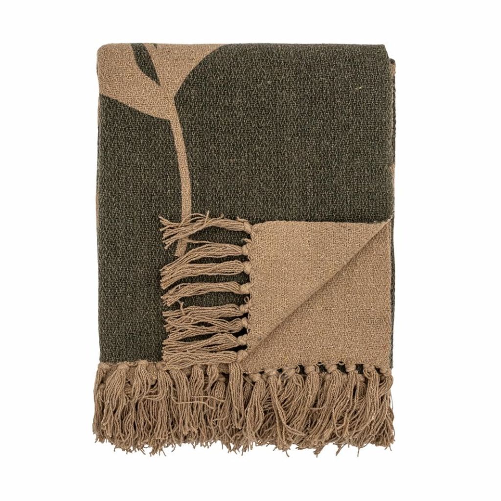 Bloomingville Decke GENEVA Dunkelgrün Beige 160x130 cm Wolldecke Plaid