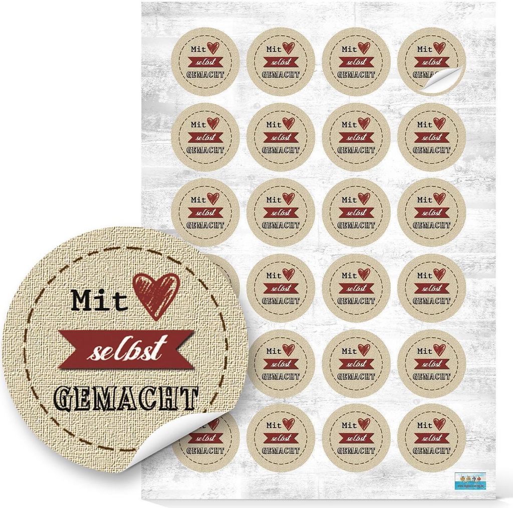 Mit Herz selbst gemacht Dekosticker - 4 cm rund - natur rot schwarz Gastgeschenk Mitgebsel96 Aufkleber / 4 Bögen