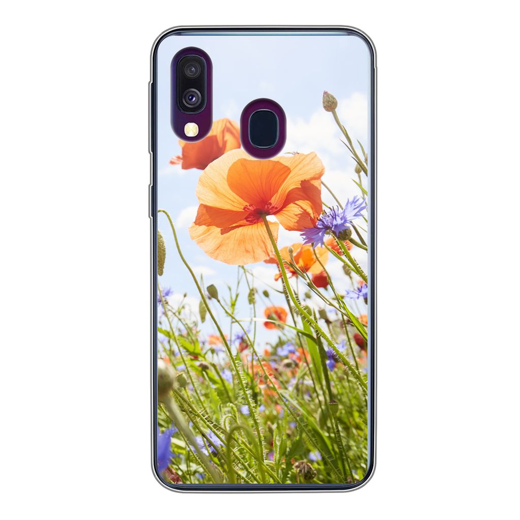 MuchoWow Handyhülle Schutzhülle Hülle für Samsung Galaxy A40 Blumen - Mohn - Frühling - Natur - Rot - Blau Silikon Softcase Handy Hülle - H...