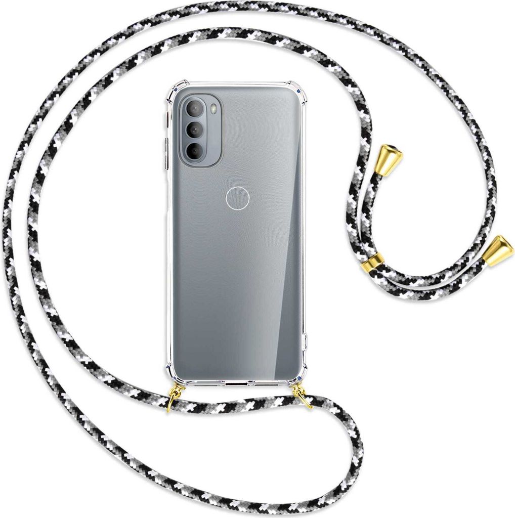 Handykette Backcover-Schutzhülle mit Band (Metall goldfarben) für Motorola Moto G31, Moto G41 - schwarz/grau/weiß