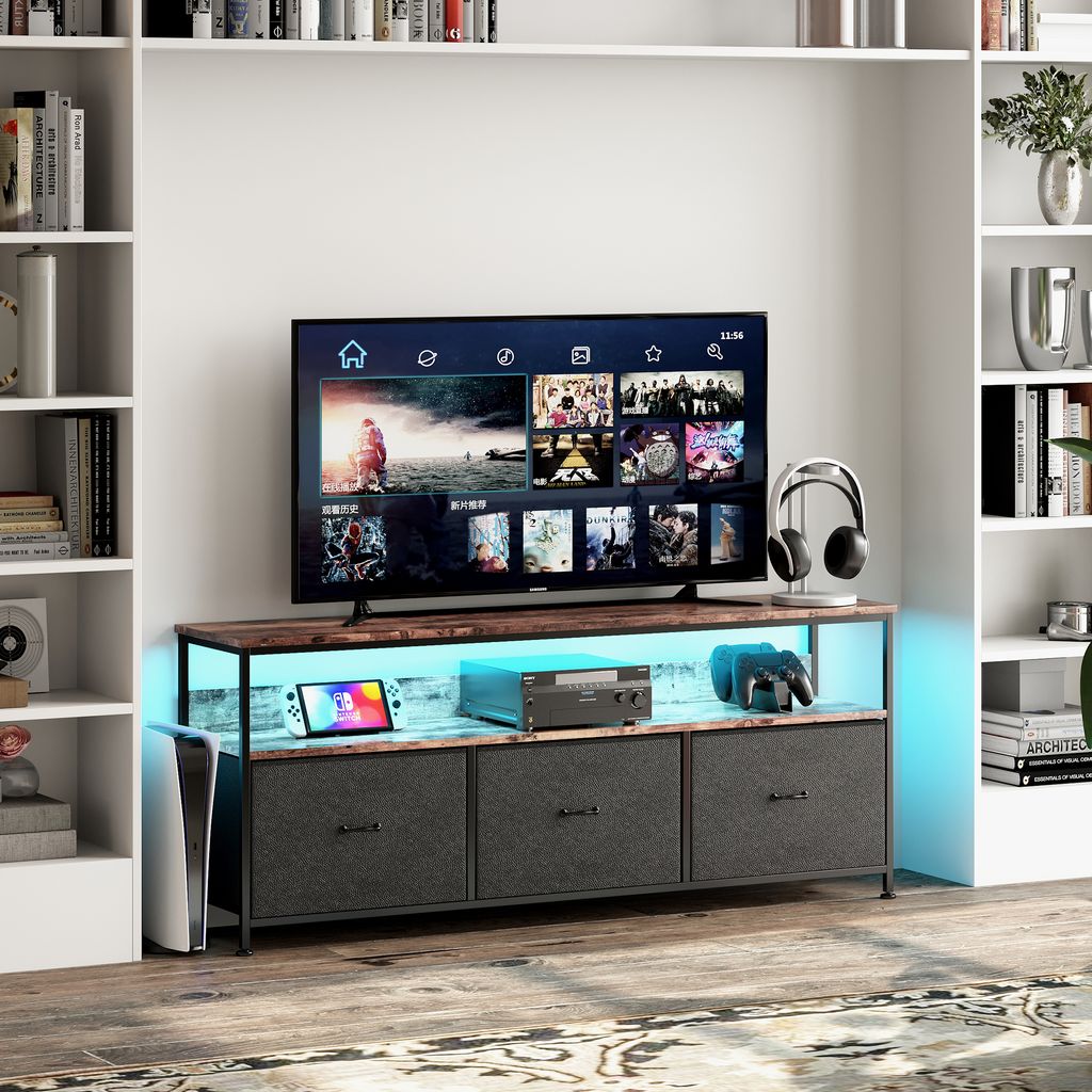 CDGlobal TV-Schrank mit offenen Fächern | Lowboard 137 x 29.8 x 56 cm Fernsehtisch TV-Regal Industrie-Design Vintage mit LED