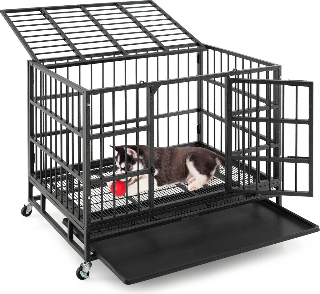 COSTWAY Hundekäfig faltbar mit 2 Türen, Rollen & ausziehbarem Tablett, Transportbox Metall, Hundebox für große & mittelgroße Hunde 96x65x77cm