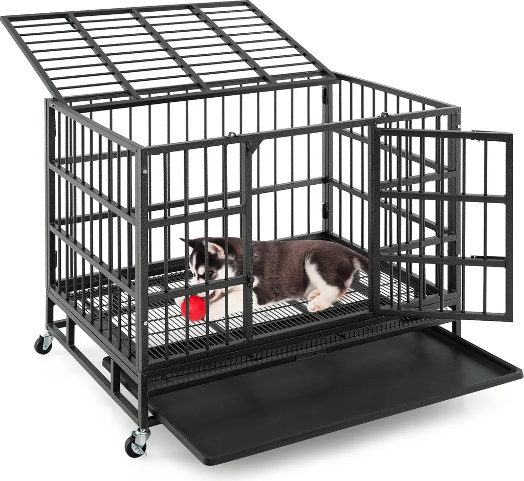 COSTWAY Cage pour chien pliable avec 2 portes et roulettes 96x65x77cm
