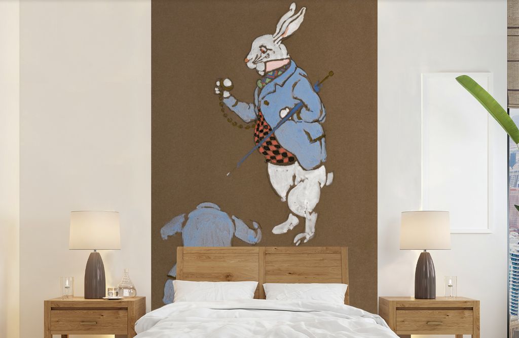 MuchoWow Fototapete für Wohnzimmer oder Schlafzimmer Wandtapete Vinyl Motivtapete Kaninchen - Alice im Wunderland - Anzug - 150x240 cm - Tapeten