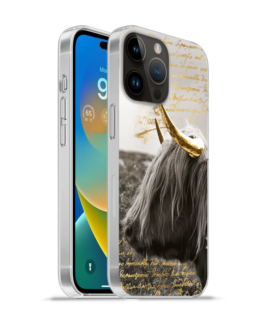 MuchoWow Handyhülle Schutzhülle Hülle für Apple iPhone 14 Pro Max Schottischer Highlander - Gold - Hoorn Silikon Softcase Handy Hülle - Hard...