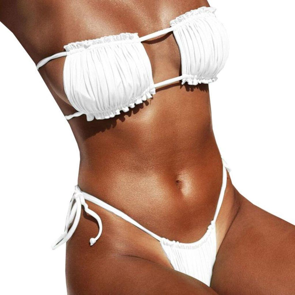 Zweiteiliger Badeanzug - Bikini - mit Rüschen - trägerloses Oberteil - Weiß - zum Sonnenbaden - M