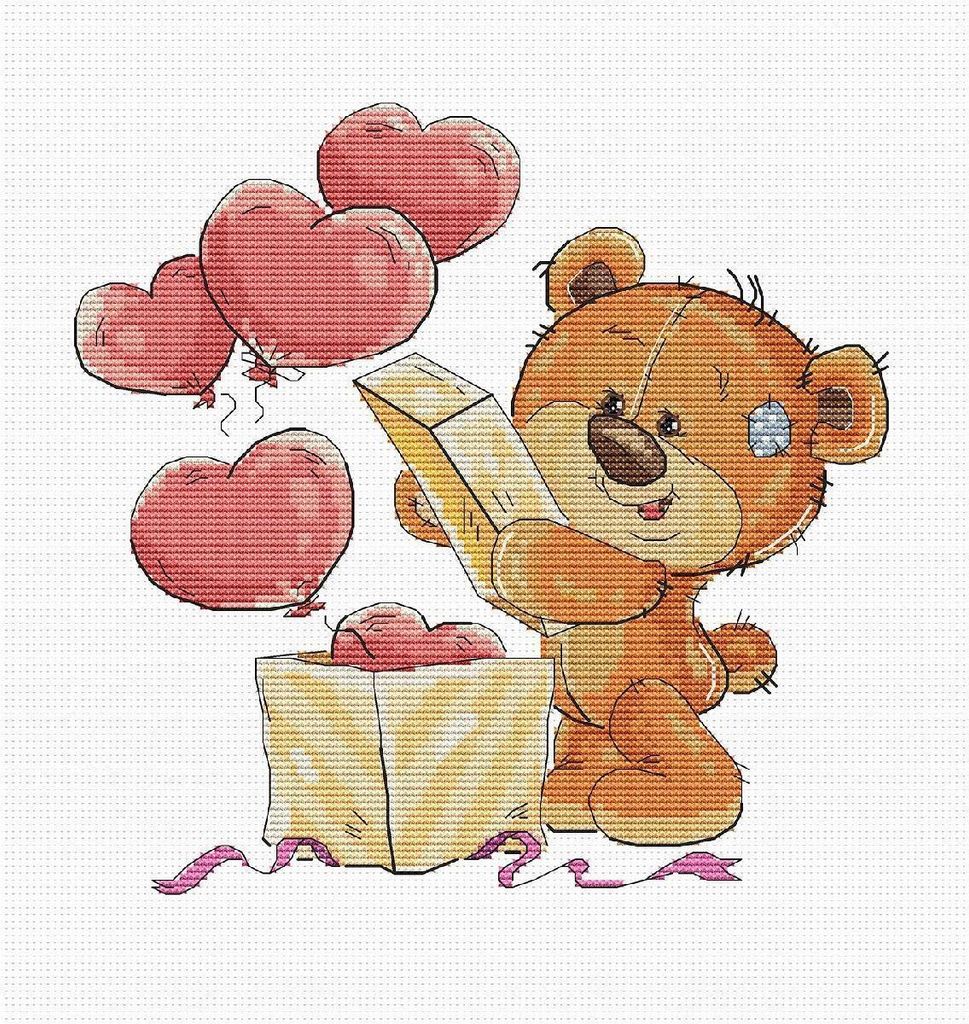 Luca-S Kreuzstich Set "Teddybär mit Geschenk", Zählmuster, 18,5x18cm