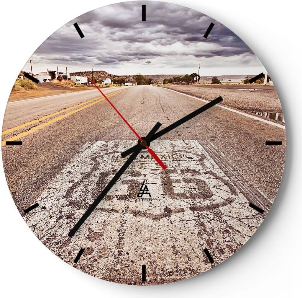 Wanduhr - Rund - Glasuhr - USA Route 66 Reise - 30x30cm - Schleichendes Uhrwerk - Lautlos - zum Aufhängen bereit - Dekoration Modern - Wanddekorat...