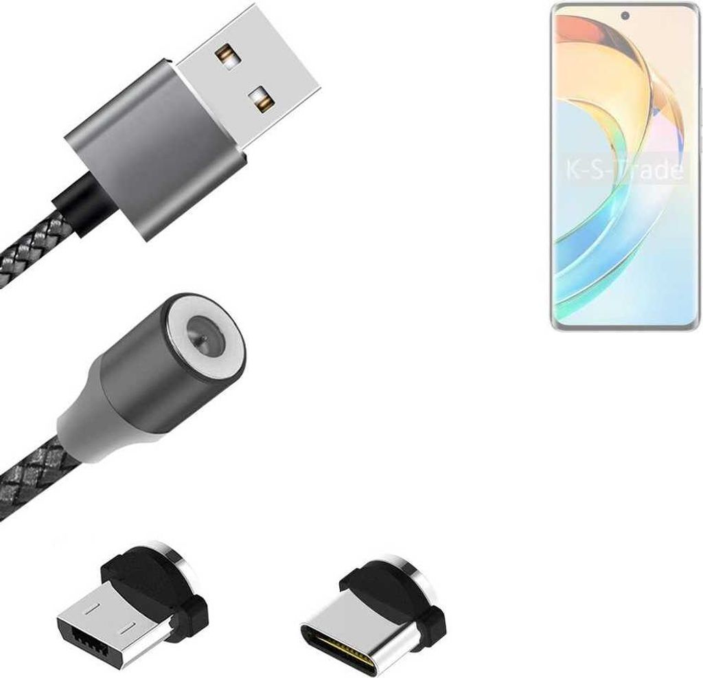 K-S-Trade Hochwertiges Magnet-Lade-kabel Sync-Kabel Daten-Kabel kompatibel mit Honor X9b mit USB-Typ-C-Anschluss und Micro-USB-Anschluss 2A bis zu