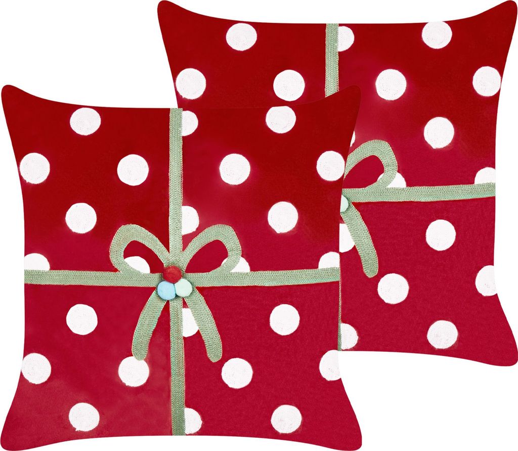 BELIANI Dekokissen 2er Set Rot Samtbezug mit Füllung 45x45 cm Weihnachtsmotiv Geschenk-Optik Gepunktet Bestickt Wohnzimmer Schlafzimmer Deko Sofak...
