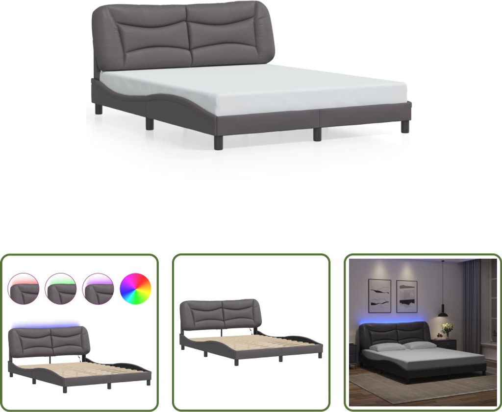 The Living Store Bettgestell mit LED Grau 160x200 cm Kunstleder