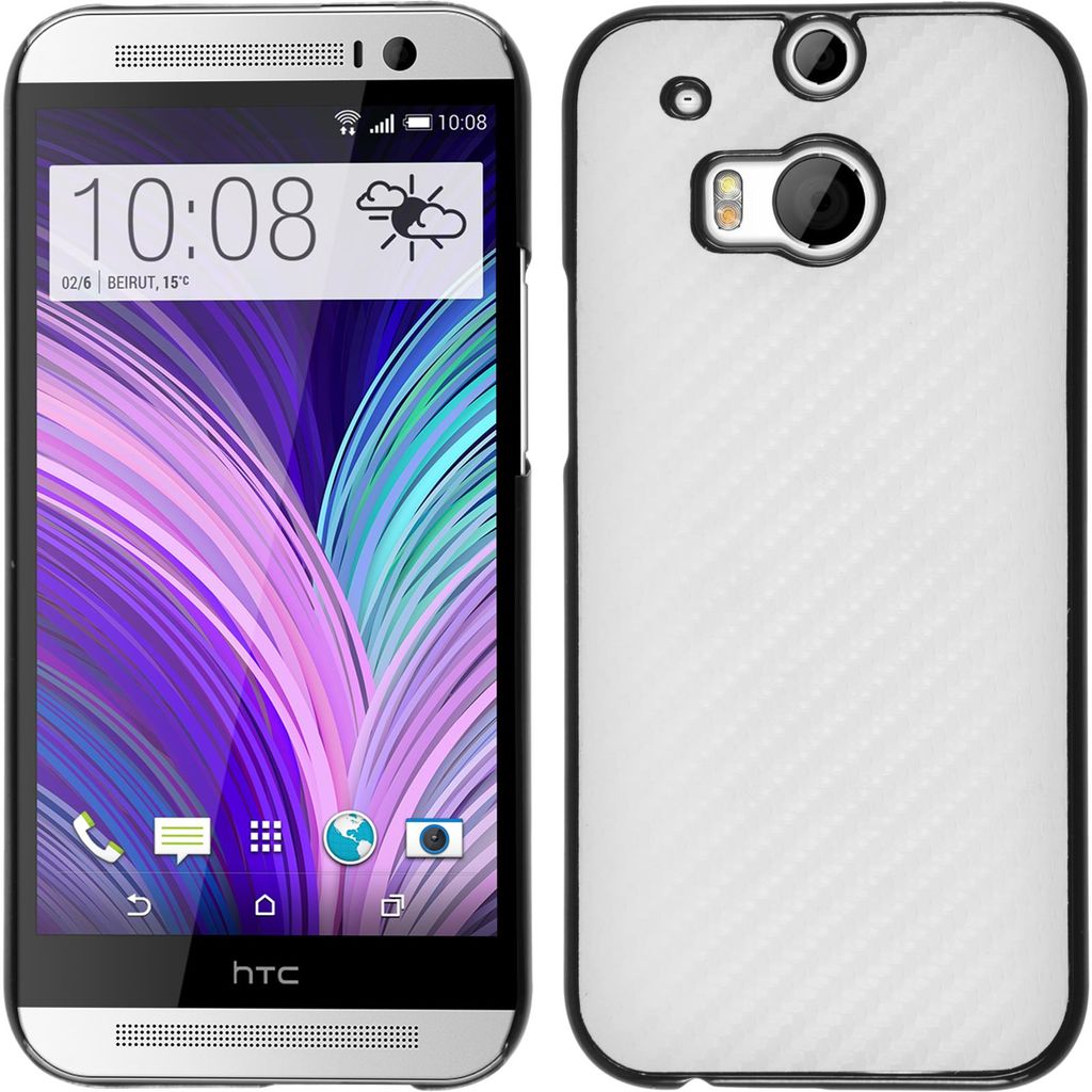 PhoneNatic Case kompatibel mit HTC One M8 - Hülle weiß Carbonoptik Hard-case + 2 Schutzfolien