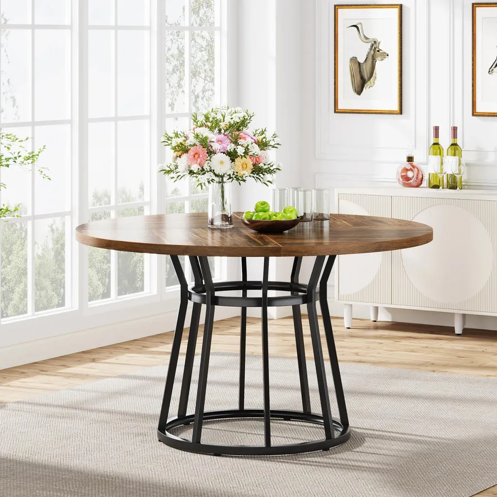 Table à manger pour 4 à 6 personnes ronde 120 cm style brun industriel