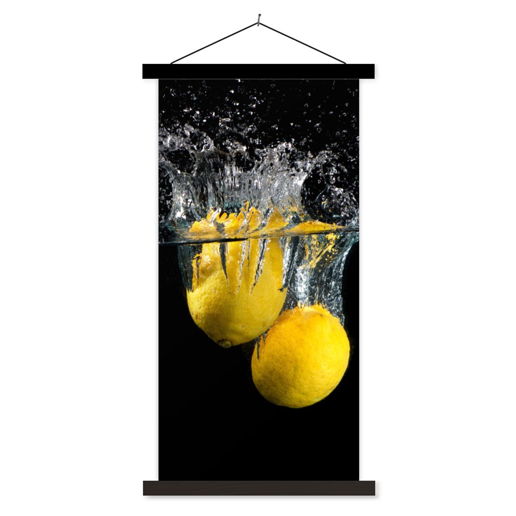 MuchoWow Textilposter Zitrone - Frucht - Stilleben - Wasser - Gelb 60x120 cm mit schwarzem Rahmen - Magnete